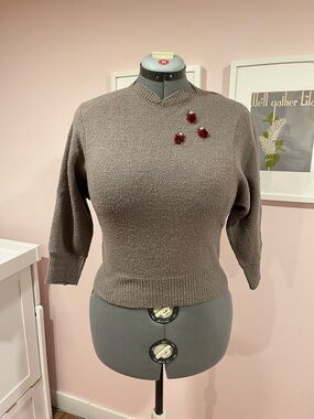 1950s bad girl Women’s Taupe Knit Sweater with Embellishment